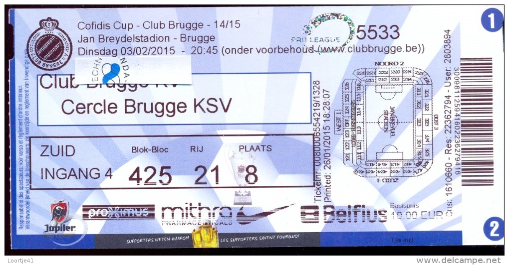 Inkom Ticket Toegangskaart Voetbal - Match - Club Brugge KV - Cercle Brugge KSV - 2015 - Tickets - Entradas