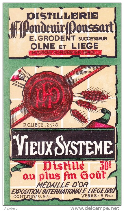 OLNE - LIEGE / JENEVER GENIEVRE "VIEUX SYSTEME" 0,96 L. F.PONDCUIR  - EXPO 1930 - - Autres & Non Classés