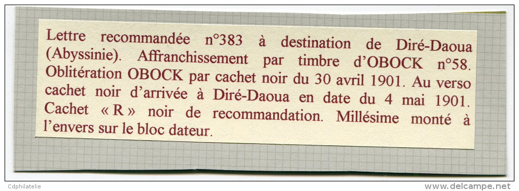 COTE FRANCAISE DES SOMALIS LETTRE RECOMMANDEE DEPART OBOCK 30 AVRIL 1901 POUR L'ABYSSINIE - Lettres & Documents