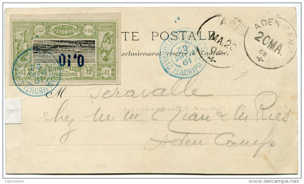 COTE FRANCAISE DES SOMALIS CARTE POSTALE DEPART DJIBOUTI 19 MARS 02 POUR ADEN - Lettres & Documents