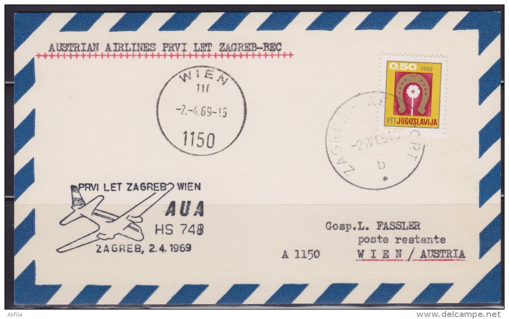 7421. Yugoslavia, 1969, First Flight Zagreb - Vienna, Commemorative Card - Lettres & Documents