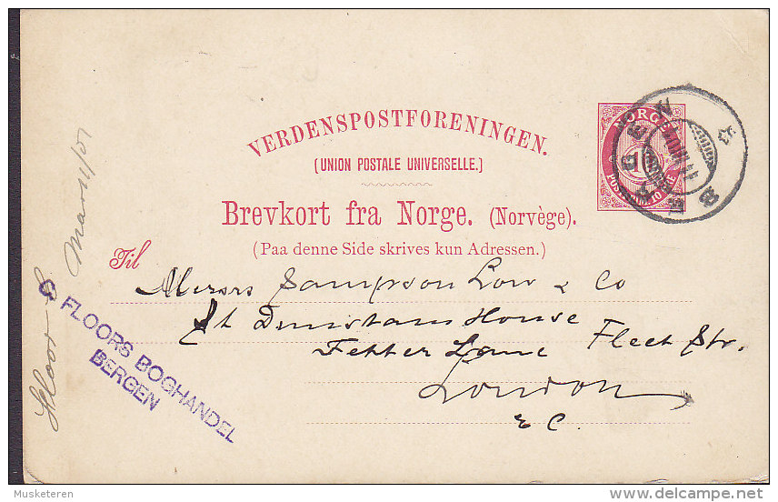 Norway UPU Postal Stationery Ganzsache Entier 10 Øre Posthorn C. FLOORS BOGHANDEL, BERGEN 1901 LONDON (2 Scans) - Postal Stationery