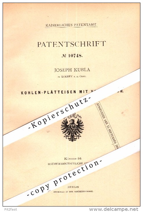 Original Patent - Joseph Kubla In Köben A.d. Oder / Chobienia , 1880 , Kohle-Bügeleisen Mit Ventilator , Schlesien !!! - Historische Dokumente