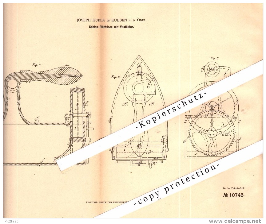 Original Patent - Joseph Kubla In Köben A.d. Oder / Chobienia , 1880 , Kohle-Bügeleisen Mit Ventilator , Schlesien !!! - Historical Documents