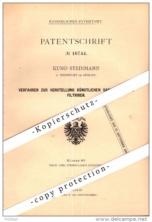 Original Patent - Kuno Steinmann In Tiefenfurt B. Chemnitz , 1880 , Herstellung Von Künstlichem Sandstein !!! - Historische Dokumente