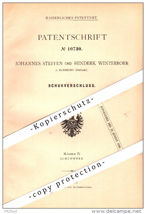 Original Patent - J. Steffen Und H. Winterboer In Elmshorn , 1880 , Schuhverschluß , Schuhmacher , Schuster , Schuhe !!! - Elmshorn