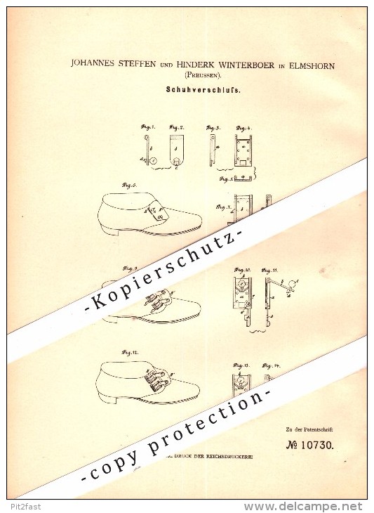 Original Patent - J. Steffen Und H. Winterboer In Elmshorn , 1880 , Schuhverschluß , Schuhmacher , Schuster , Schuhe !!! - Elmshorn