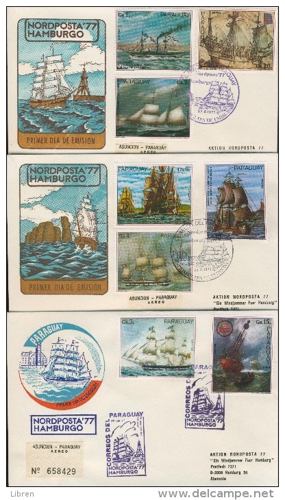 DV3-36c PARAGUAY 1977 3 COVERS NORDPOSTA 1977. SAILING SHIPS, VOILIERS, SEGELSCHIFFE, ZEILSCHEPEN. - Paraguay