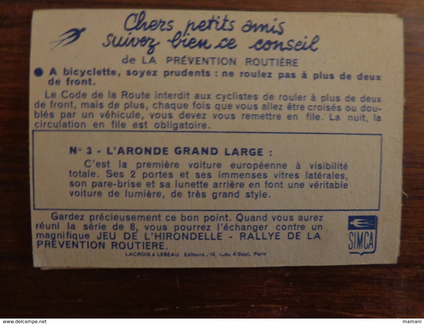 Chromo -la Prevention Routiere N°3 Aronde-jeu De L'hirondelle - Autres & Non Classés