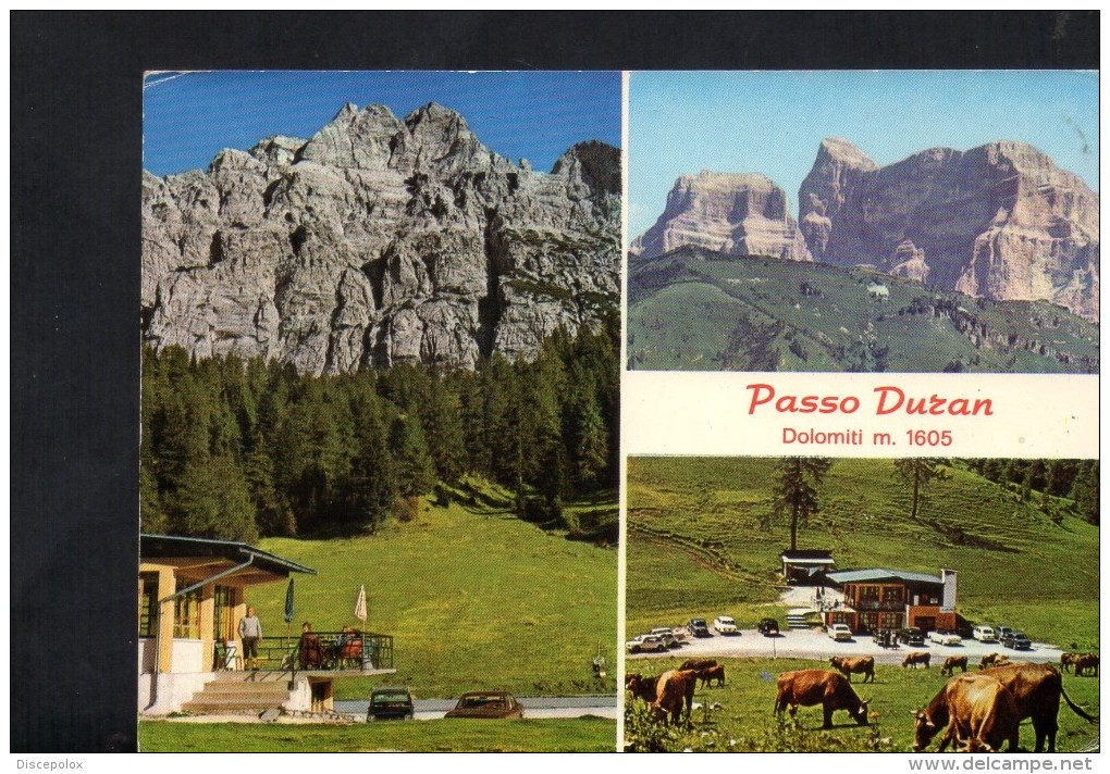 P1764 DOLOMITI - PASSO DURAN - PANORAMA CON RIFUGIO ( HUTTE ) E AUTO CARS VOITURES - ANNULLO 197? - Altri & Non Classificati