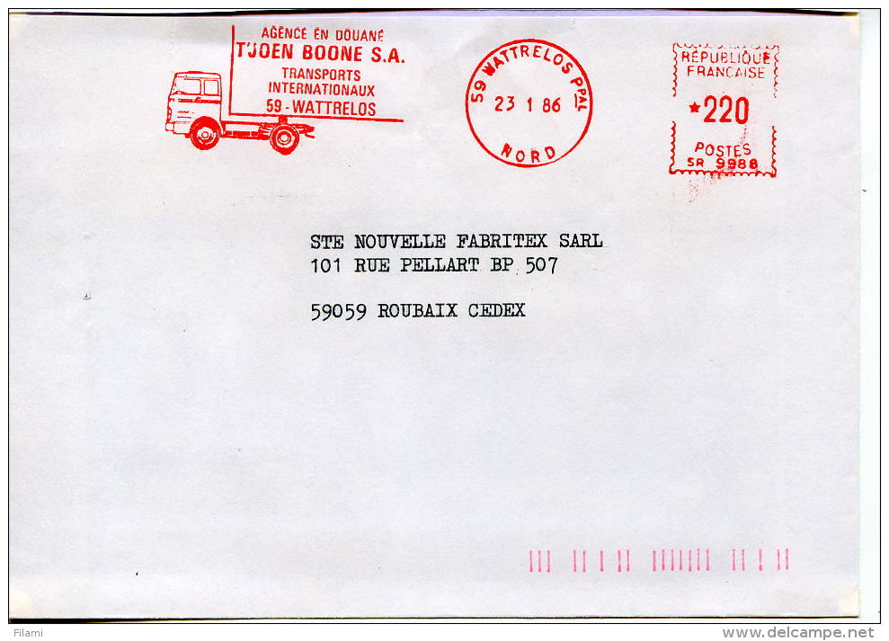 EMA T'Joen Boone SA,transports Internationaux,camion,agence En Douane,59 Wattrelos,Nord,lettre Wattrelos 23.1.1986 - LKW