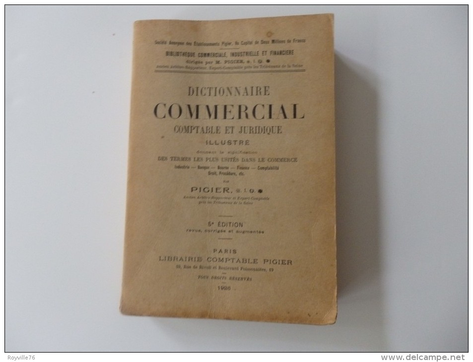 Ancien Dictionnaire Commercial Comptable Et Juridique. Pigier. 751 Pages. - Comptabilité/Gestion