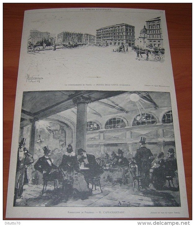 Lo Sventramento Di Napoli - Piazza Dell'unità Italiana - Esposizione Di Palermo - Il Cafe' Chantant - Dell'800 - Litografia