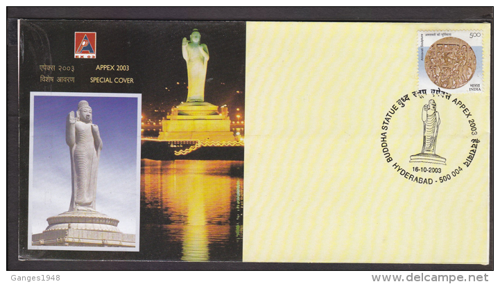 India  2003  Buddhism  Buddha Statue In Hussain Sagar Lake  Hyderabad  Special Cover  # 66454  Inde Indien - Buddhism