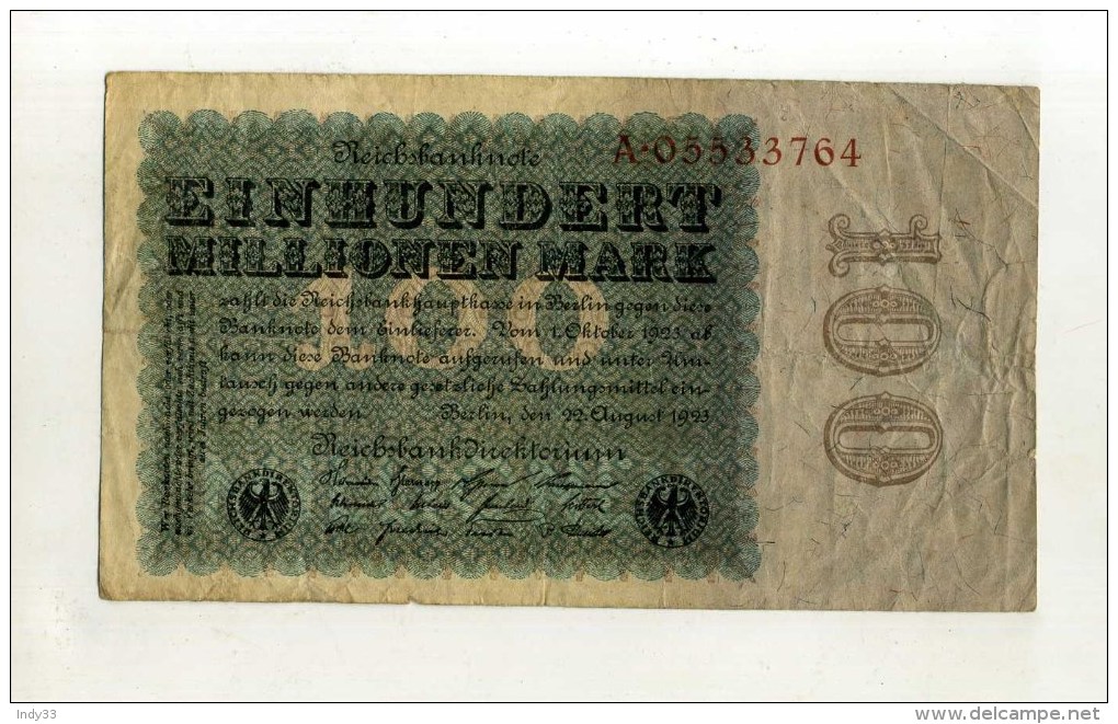 -ALLEMAGNE 1918/33 . BILLET 100 000 000 M. 1923 - 100 Mio. Mark