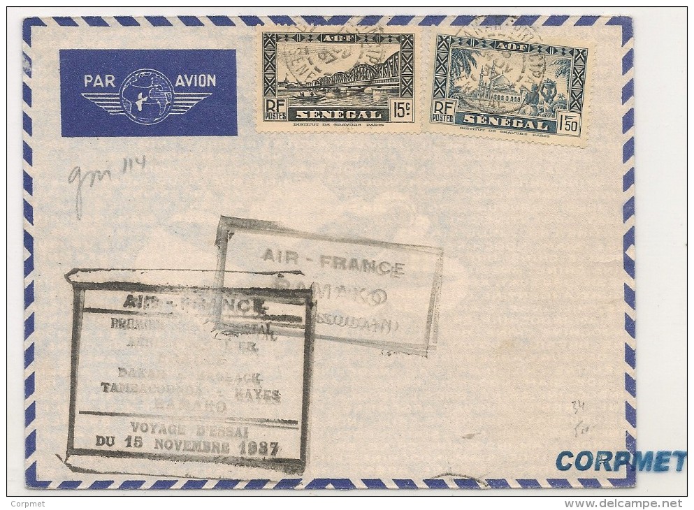 AEROPHILATELIE - SENEGAL AIR FRANCE 1937 Rare VOYAGE D´ESSAI - SENEGAL To BAMAKO - SOUDAN (arrival CDS At Back) - Poste Aérienne