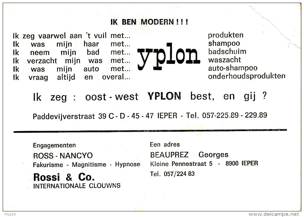 2 Scans Belgique Ieper Ypres Rare Ross Nancyo Rossi & Co Clouwns Clowns Fakir Hypnose Magnetisme Publicité Yplon - Zirkus