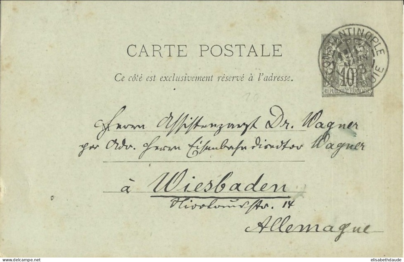 1893 - CARTE ENTIER POSTAL TYPE SAGE De CONSTANTINOPLE (TURQUIE) => WIESBADEN (ALLEMAGNE) - 1876-1898 Sage (Type II)