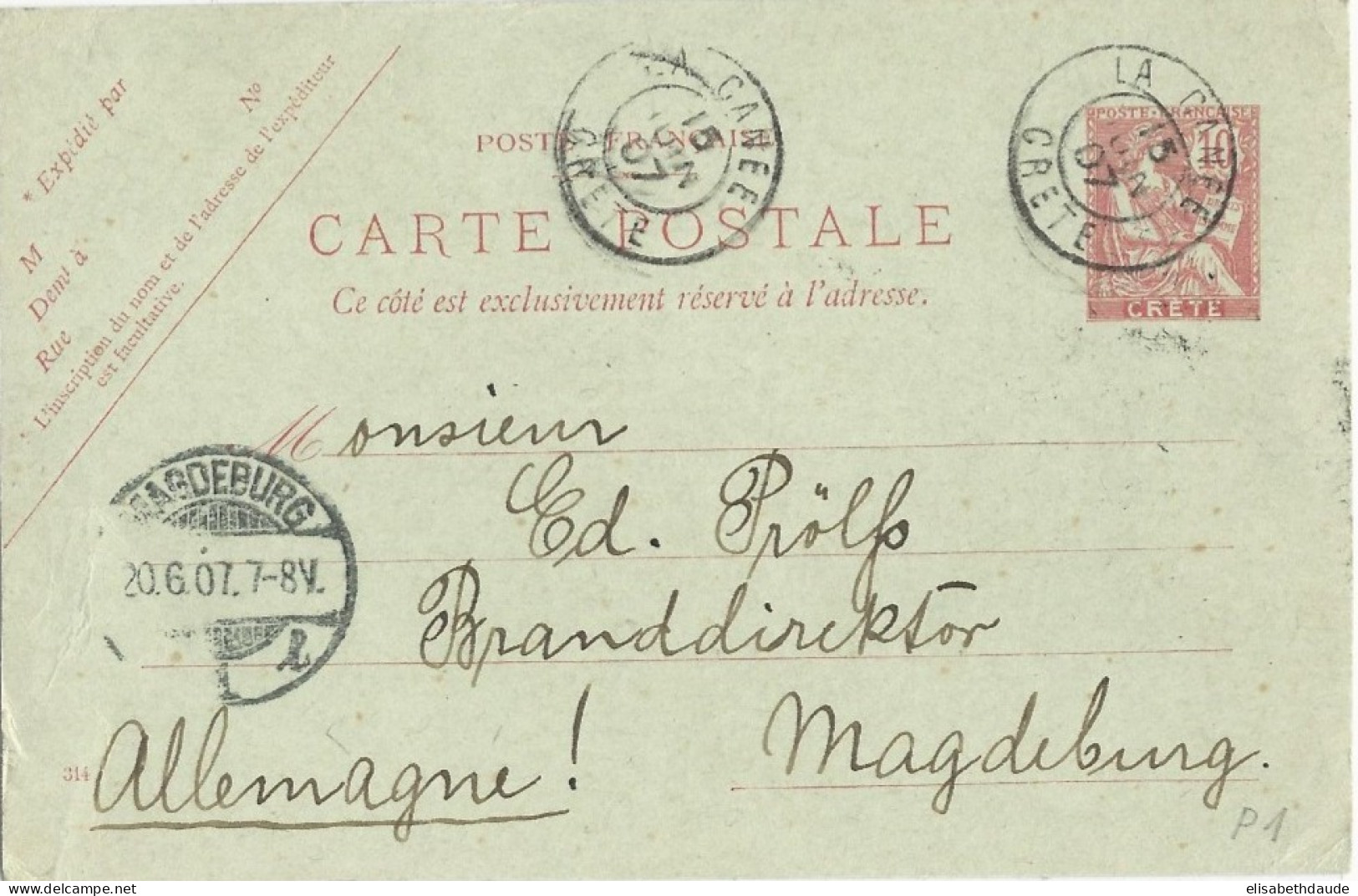 CRETE - 1907 - CARTE ENTIER POSTAL TYPE MOUCHON De LA CANEE Pour MAGDEBURG (ALLEMAGNE) - Andere & Zonder Classificatie