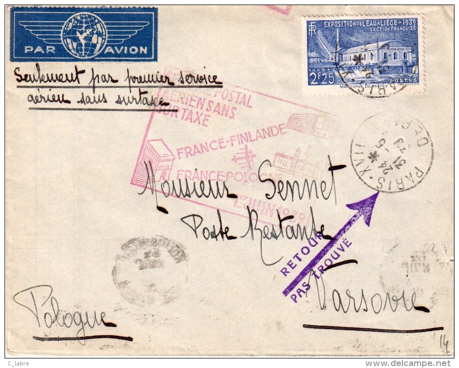 FRANCE : POSTE AÉRIENNE . 1er VOL AERIEN . SANS SURTAXE . " PARIS - VARSOVIE " . 1939 . - 1960-.... Covers & Documents