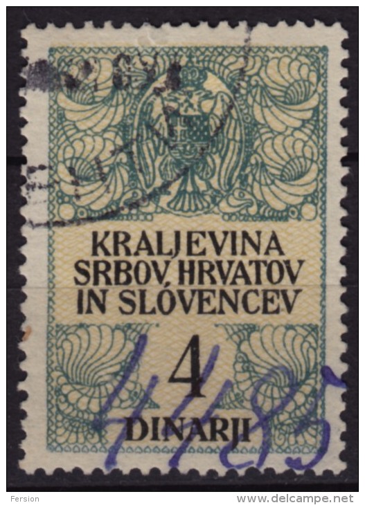 "kraljevINA" Type / 1920 Yugoslavia SHS - Revenue, Tax Stamp - Used - 4 Din - Used - Dienstzegels