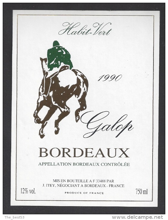 Etiquette De Vin Bordeaux  1990 - Galop - Habit Vert - Thème Chevaux -  J. Itey à Bordeaux (33) - Pferde