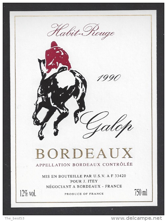 Etiquette De Vin Bordeaux  1990 - Galop - Habit Rouge - Thème Chevaux -  J. Itey à Bordeaux (33) - Chevaux