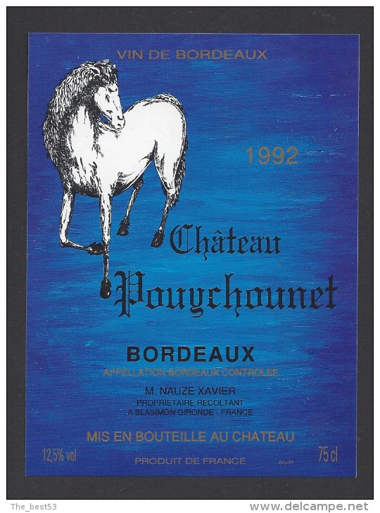 Etiquette De Vin Bordeaux  1992 - Chateau Pouychounet - Thème Chevaux - Xavier Nauze à Blasimon (33) - Chevaux