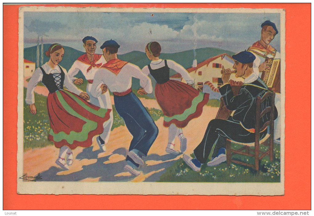 Illustrateur HOMUALK - Pays Basque - Danseurs De Béghiras En Costume Aux Couleurs Nationales (trou De Punaise) - Homualk