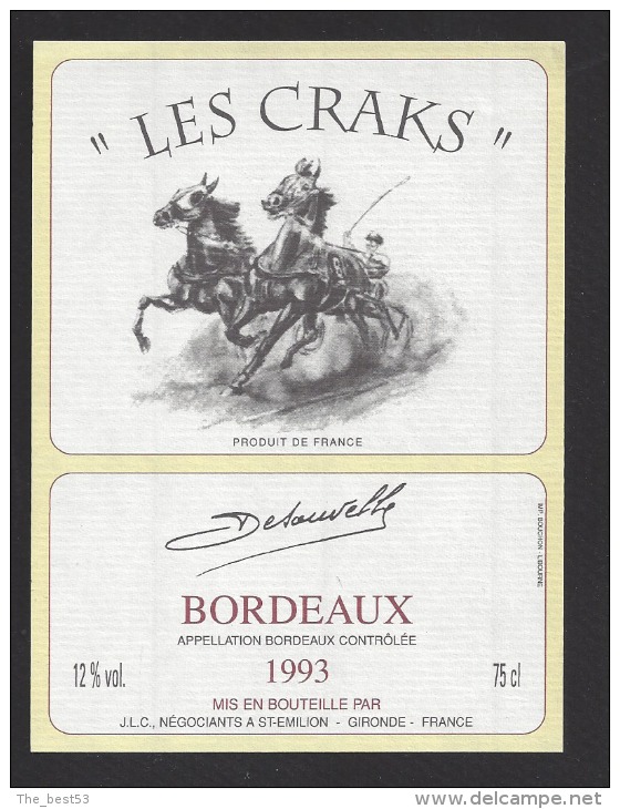 Etiquette De Vin Bordeaux 1993 -  Les Craks  - Thème Chevaux - Caballos