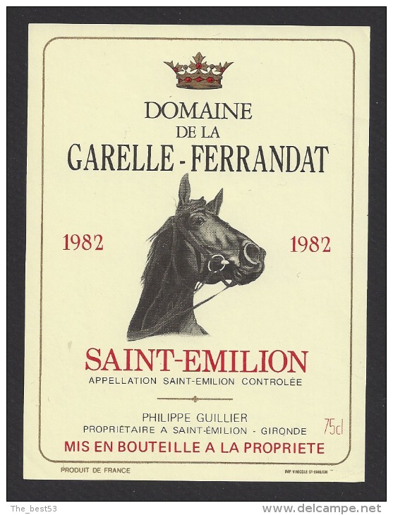 Etiquette De Vin Saint Emilion 1982 -  Domaine De La Garelle Ferrandat  - Thème Chevaux - Pferde