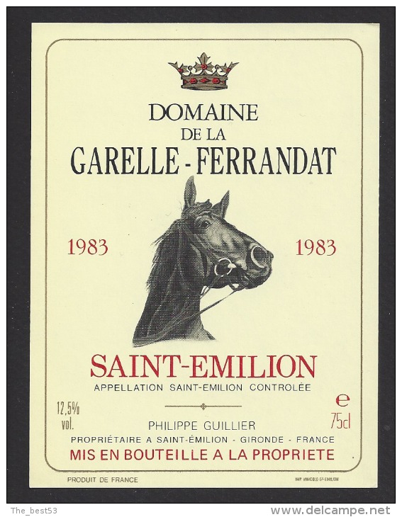 Etiquette De Vin Saint Emilion 1983 -  Domaine De La Garelle Ferrandat  - Thème Chevaux - Horses