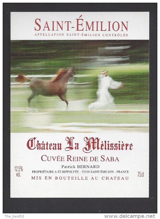 Etiquette  De Vin Saint Emilion -  Chateau La Mélissière  - Cuvée Reine De Saba  - Thème Chevaux  - - Chevaux