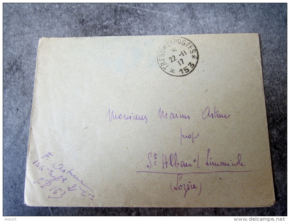 LETTRE  EN FM MILITARIA SECTEUR POSTALE 153 1917 POUR ASTRUC ST ALLAIR SUR LIMANICOLE LOZERE - Guerre De 1914-18