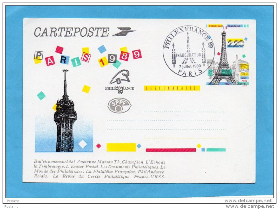 Carte Entier Postal-2.20 Frs -TOUR EIFFEL-Cachet "PHILEX FRANCE"7 Juillet 1989 - Commemorative Postmarks