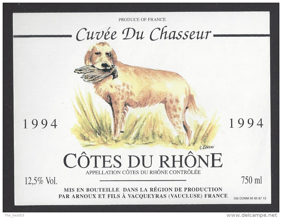 Etiquette De Vin Des Côtes Du Rhône 1994  -  Cuvée Du Chasseur  -  Chasse Chien - Illustrateur C. Cecchi - Cani