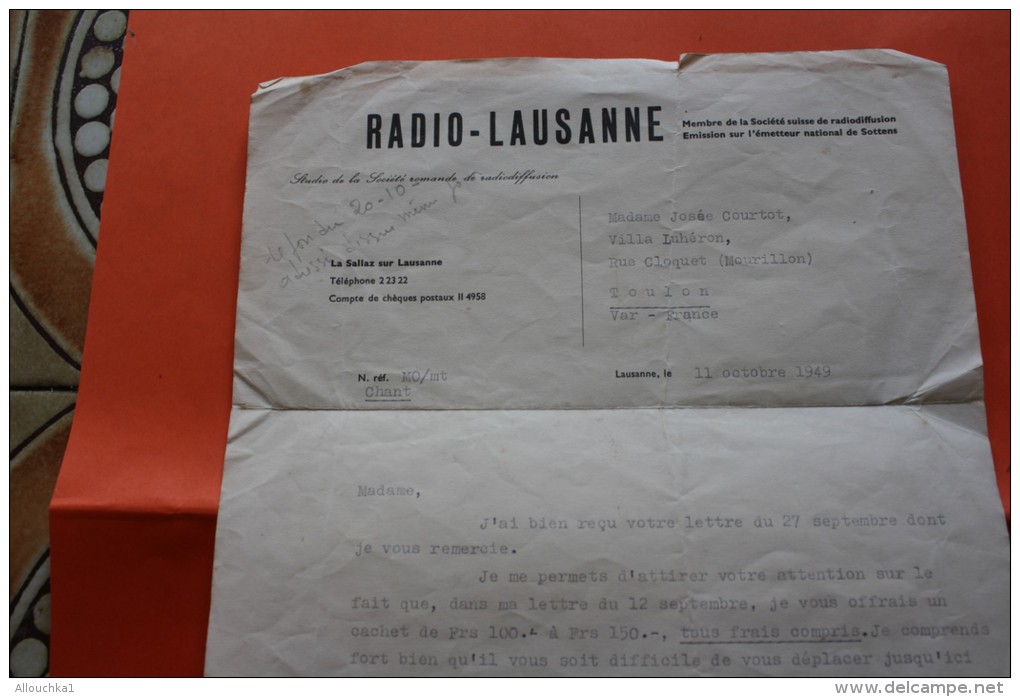 11 OCT 1949 PROPOSITION DE CACHET DISQUE CHANT (LIRE) RADIO-LAUSANNE SUISSE POUR Josée COURTOT TOULON - Suisse