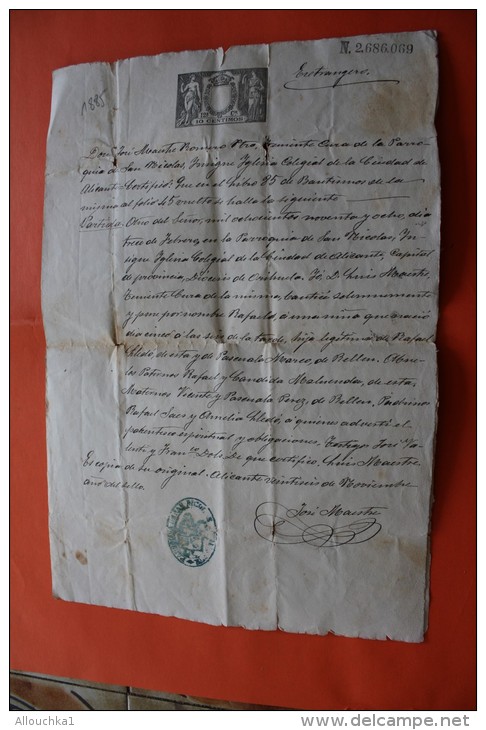 1885 MANUSCRIT CERTIFICAT DE BAPTEME ECRIT EN ESPAGNOL LLEDO RAFAEL IMMIGRATION DE ALICANTE A ORAN DANS LES ANNEES 40 - Manuscritos