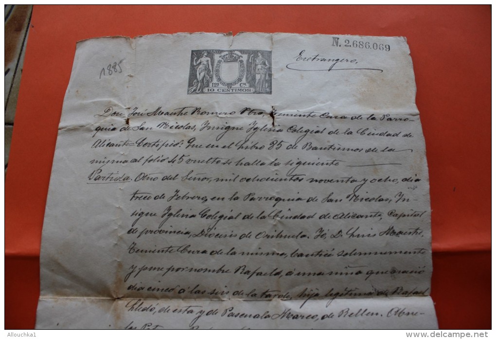 1885 MANUSCRIT CERTIFICAT DE BAPTEME ECRIT EN ESPAGNOL LLEDO RAFAEL IMMIGRATION DE ALICANTE A ORAN DANS LES ANNEES 40 - Manuskripte
