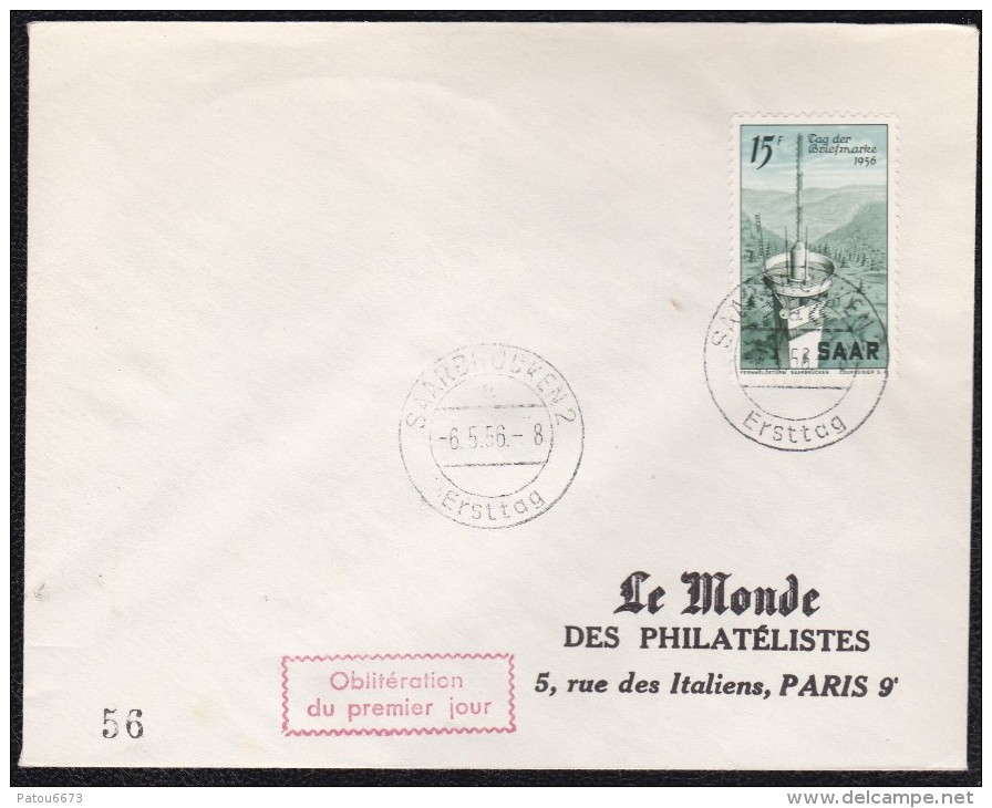 GERMANY SAARLAND Architecture TV Tower FDC Cancelation Saarbrucken (06/05/1956) YT 351 - Covers & Documents