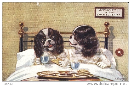 W.R. Ellam -  Two King Charles Spaniels Having Breakfast In Bed   -   9321 - Tuck, Raphael