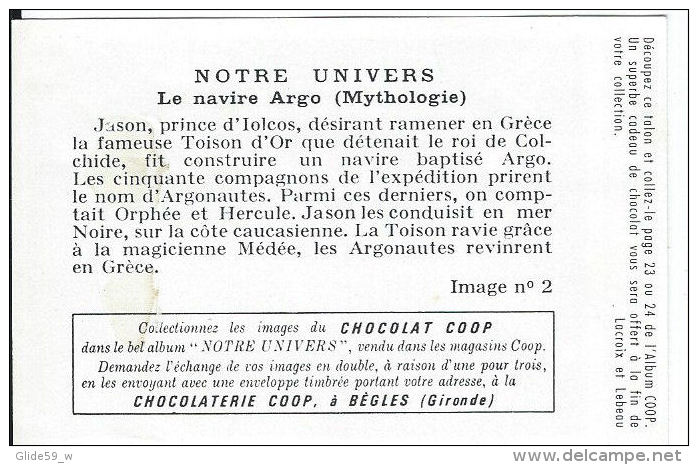 Chromo - Chocolat COOP - Notre Univers - N° 2 - Le Navire Argo (Mythologie) - Autres & Non Classés