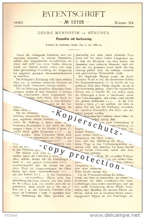 Original Patent - Georg Mendheim In München , 1880 , Flammöfen Mit Gasfeuerung , Ofen , Öfen , Gas , Ofenbauer , Heizung - Historische Dokumente