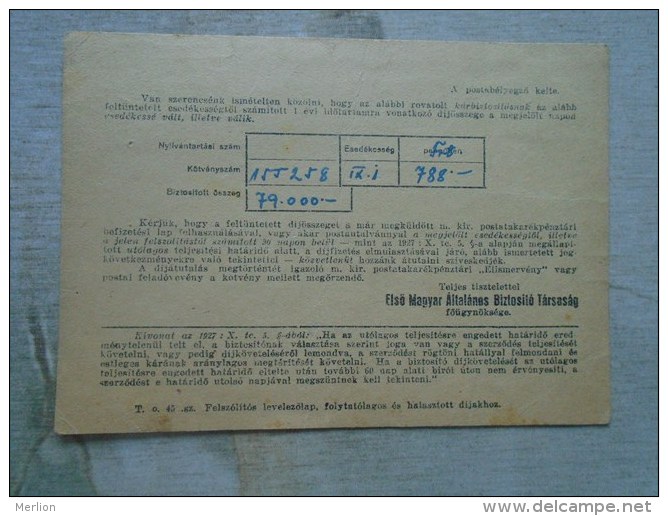 Hungary  Székesfehérvár Elsö Magyar Biztositó T.  1930's    D131918 - Briefe U. Dokumente