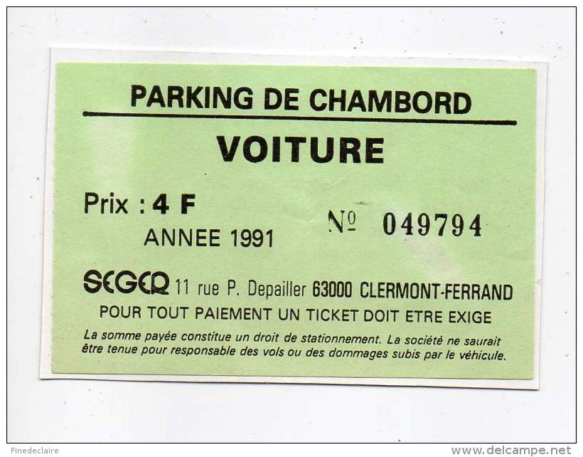 Ticket - Parking De Chambord - Voiture - 1991 - Tickets - Vouchers