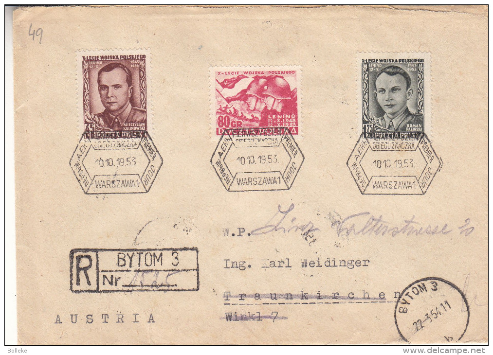 Drapeaux - Soldats - Pologne - Lettre Recommandée De 1954 - Oblitération Bytom - Expédié Vers L' Allemagne -Traunkirchen - Lettres & Documents