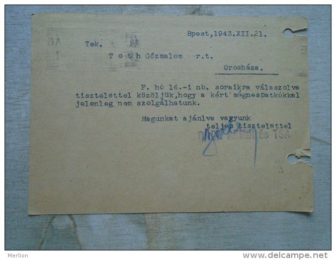 Hungary  Rácz Ármin  Budapest -Tóth Gözmalom Steam Mill Orosháza 1943      D131922 - Briefe U. Dokumente