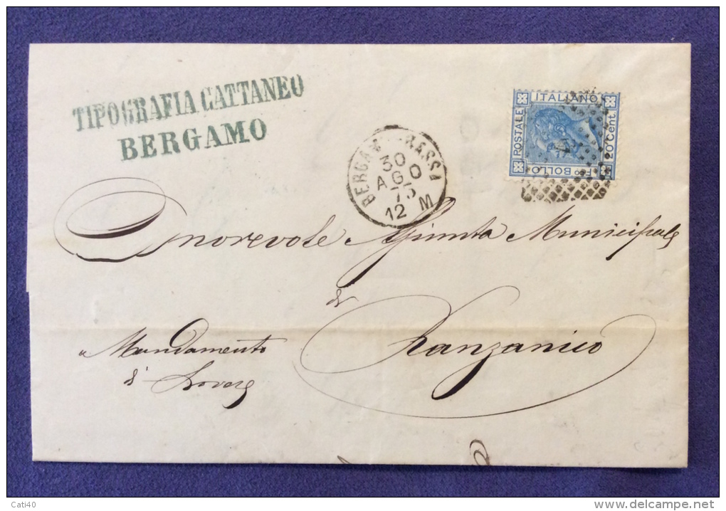 1873 BERGAMO BASSA +PUNTI SU 20 C. - LETTERA TIPOGRAFIA CATTANEO PER RANZANICO - Altri & Non Classificati