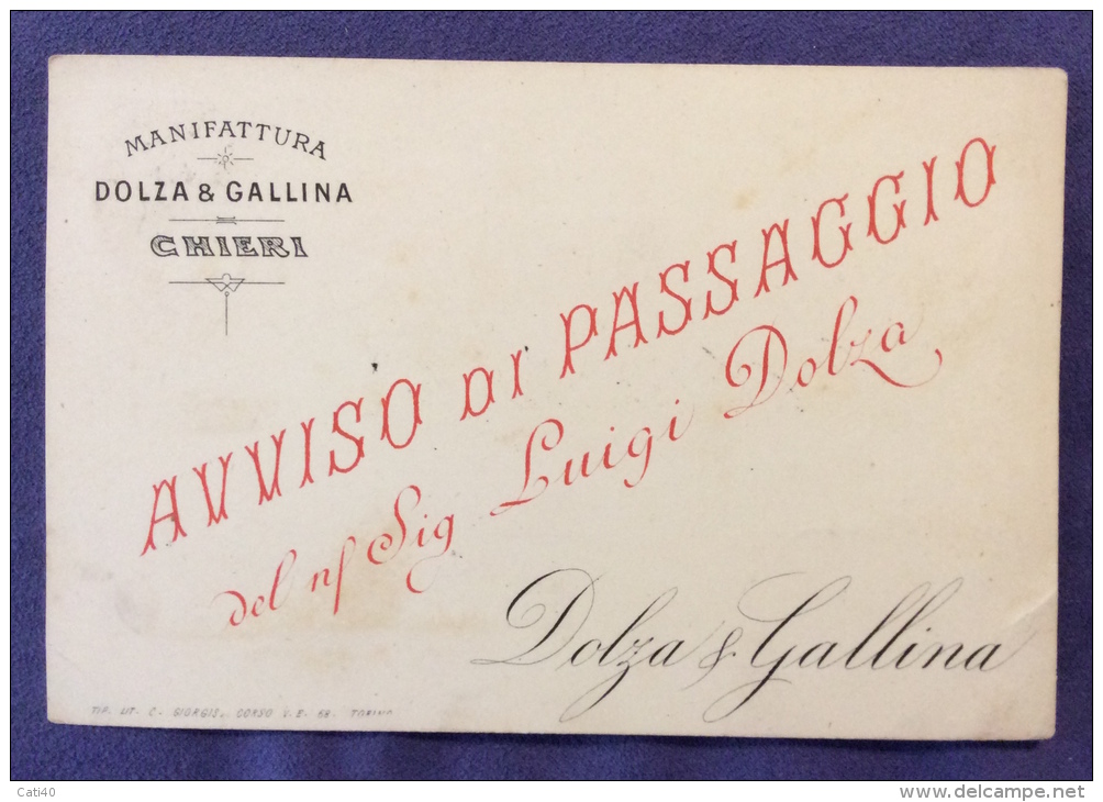 1880 AVVISO DI PASSAGGIO CON 2 C. -CHIERI MANIFATTURA DOLZA &amp; GALLINA PER PISA - Altri & Non Classificati