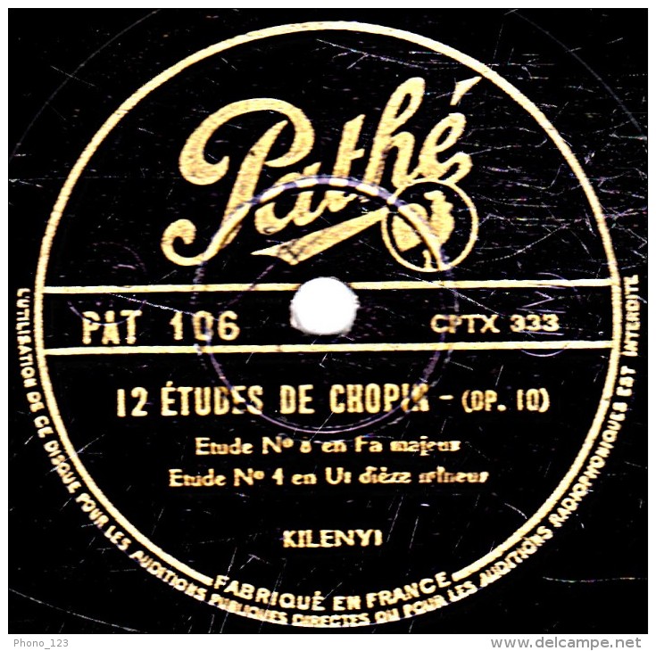 78 Trs - 30 Cm - état TB -12 ETUDES DE CHOPIN - (OP.10)  Etudes N°8 En Fa Majeur N°4 En UT Diéze Mineur N°3 En Mi Majeur - 78 T - Disques Pour Gramophone